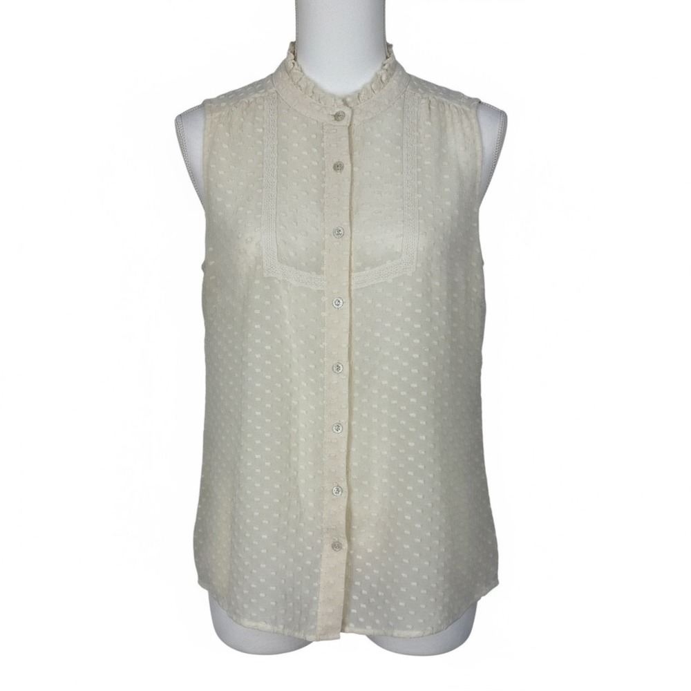 J. Crew Cream Swiss‎ Dot Silk Blend Sleeveless Mock Neck Button Up Blouse Size 0